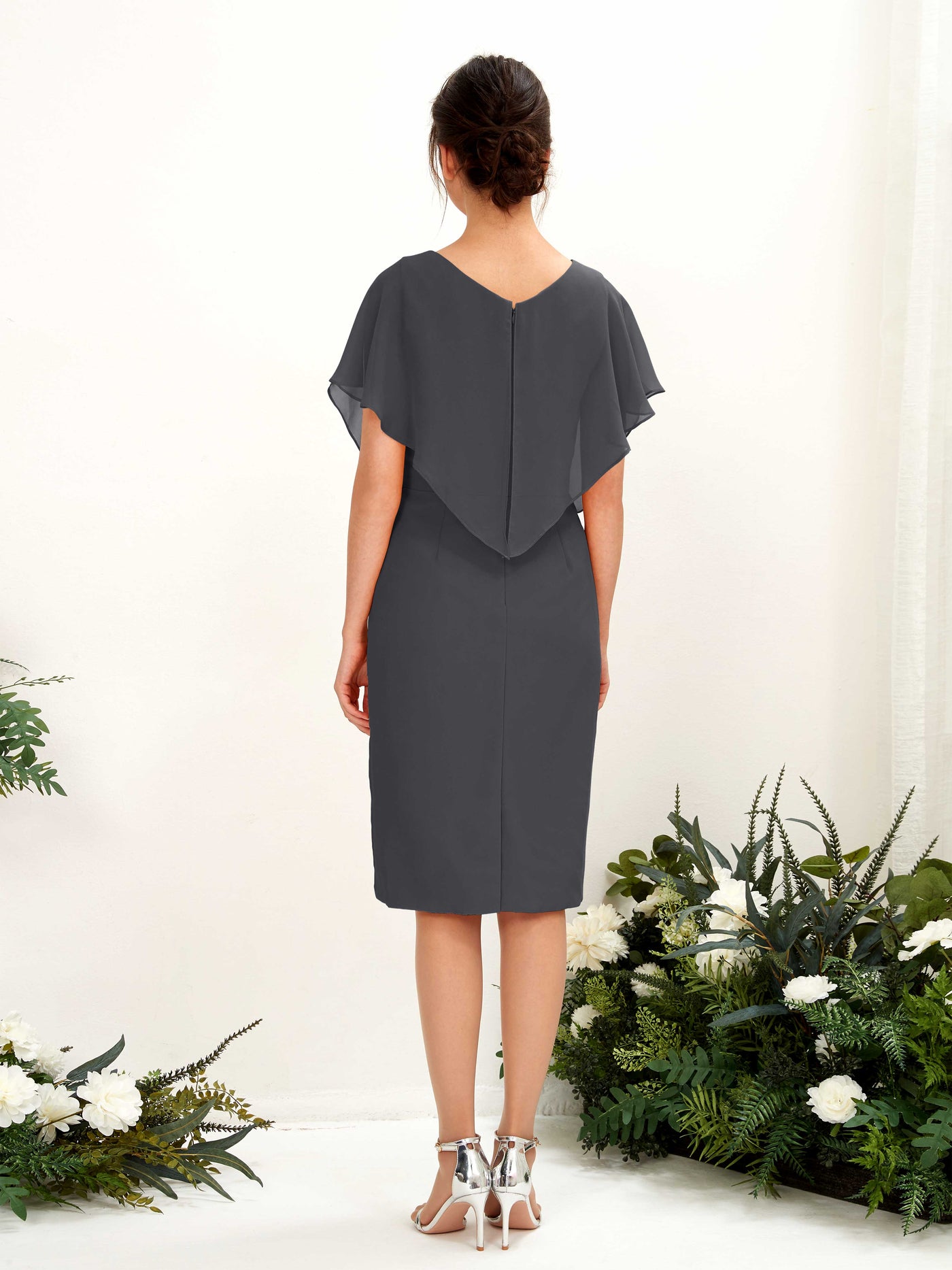 V-neck Short Sleeves Chiffon Bridesmaid Dress - Pewter (81222238)#color_pewter