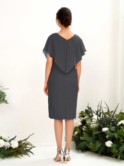 Carlyna Vanessa Sheath Pewter Bridesmaid Dress Knee-Length Cap Sleeve V-Neck Dress #color_pewter