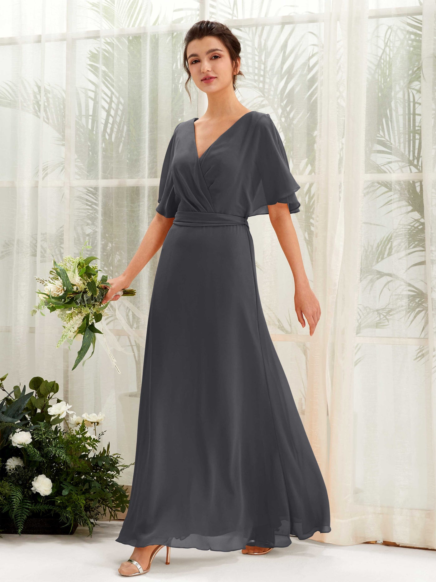 V-neck Short Sleeves Chiffon Bridesmaid Dress - Pewter (81222438)#color_pewter