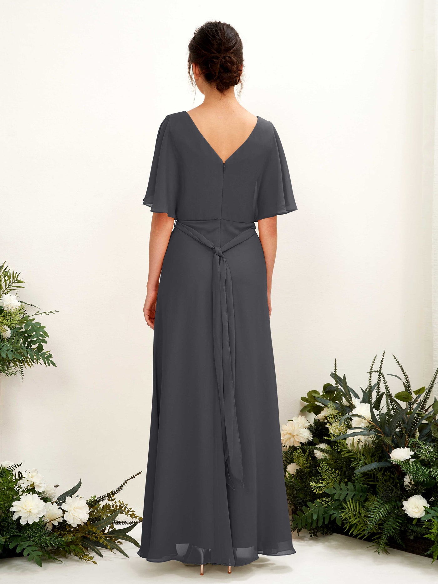 V-neck Short Sleeves Chiffon Bridesmaid Dress - Pewter (81222438)#color_pewter