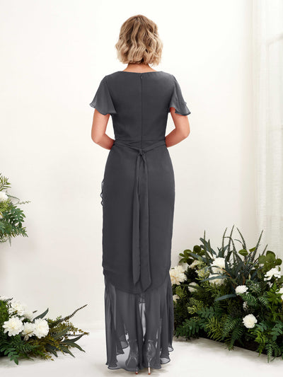 Carlyna Eartha Mermaid Pewter Bridesmaid Dress Maxi Cap Sleeve V-Neck Dress Back View #color_pewter