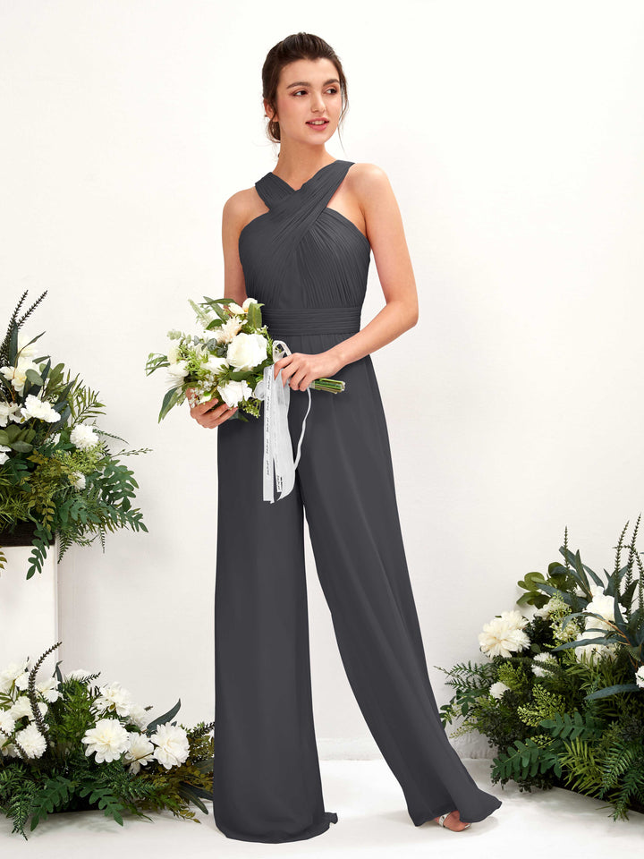V-neck Sleeveless Chiffon Bridesmaid Dress Wide-Leg Jumpsuit - Pewter (81220738)