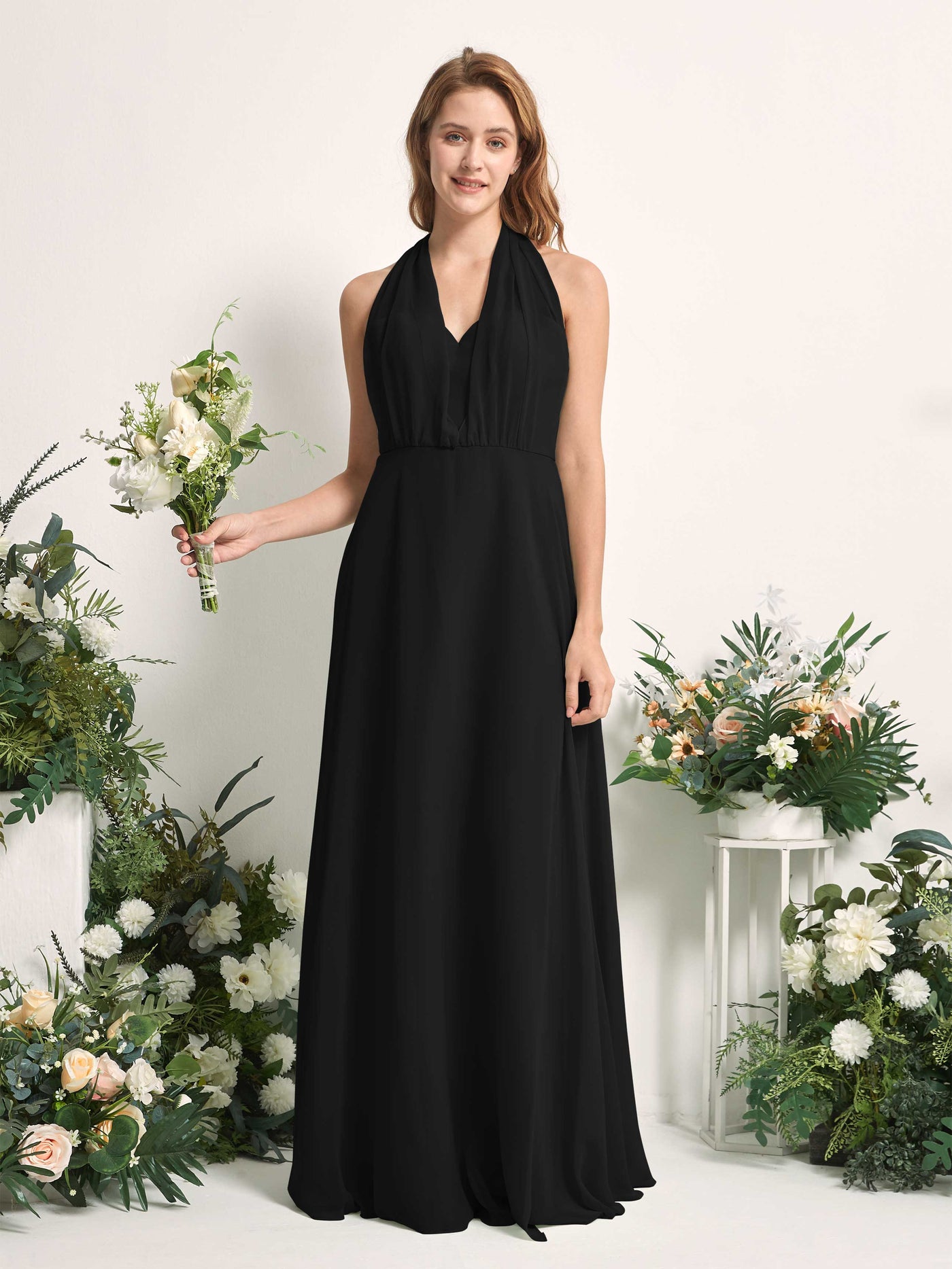 Bridesmaid Dress A-line Chiffon Halter Full Length Short Sleeves Wedding Party Dress - Black (81226315)#color_black