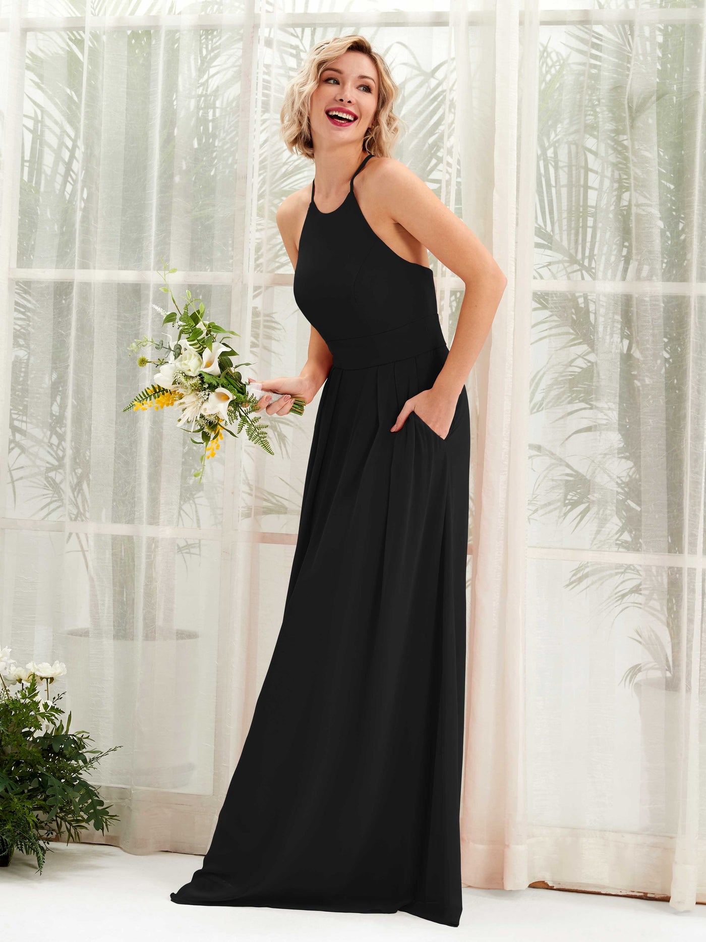 A-line Ball Gown Halter Spaghetti-straps Sleeveless Bridesmaid Dress - Black (81225215)#color_black