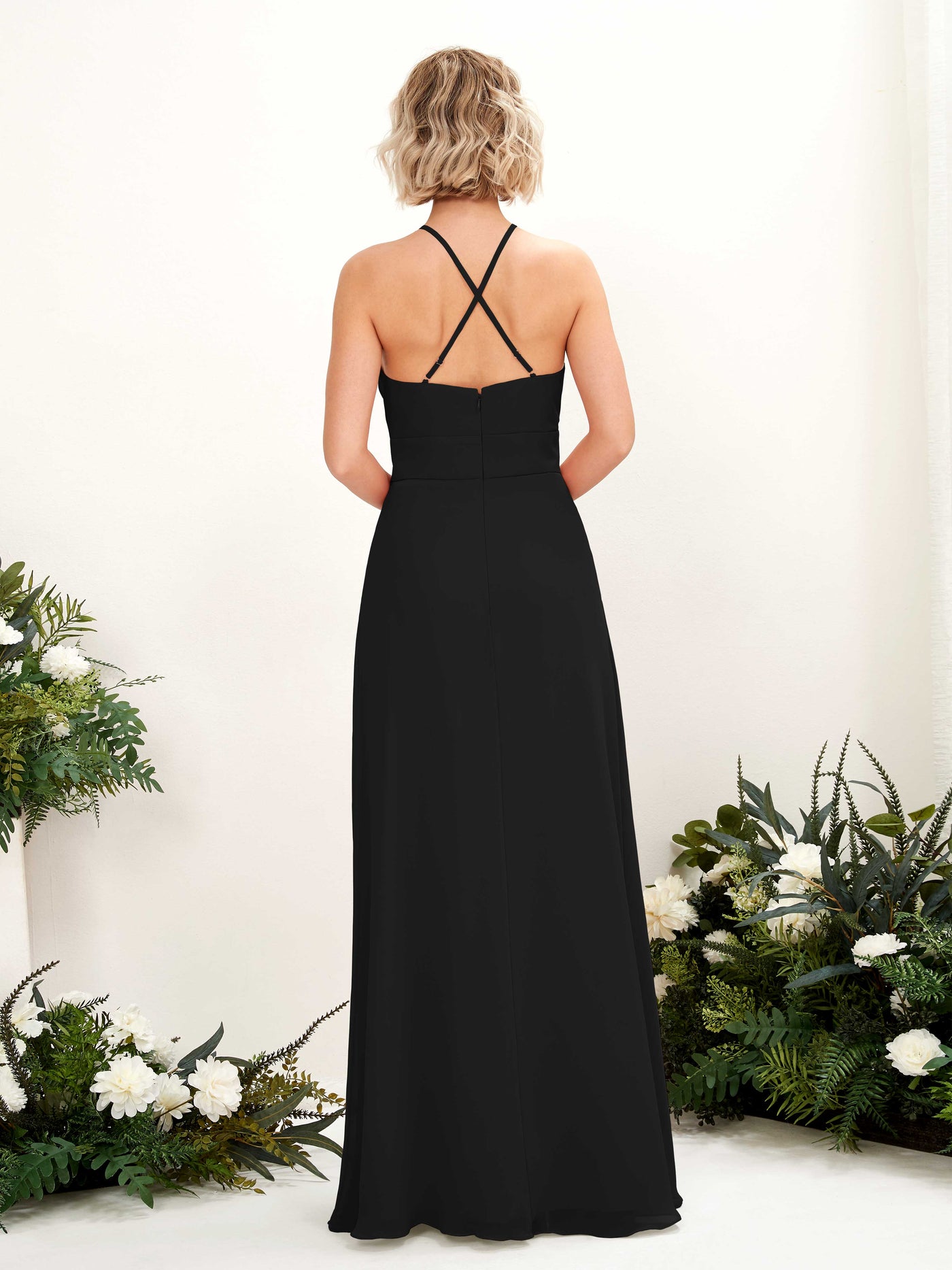 A-line Ball Gown Halter Spaghetti-straps Sleeveless Bridesmaid Dress - Black (81225215)#color_black