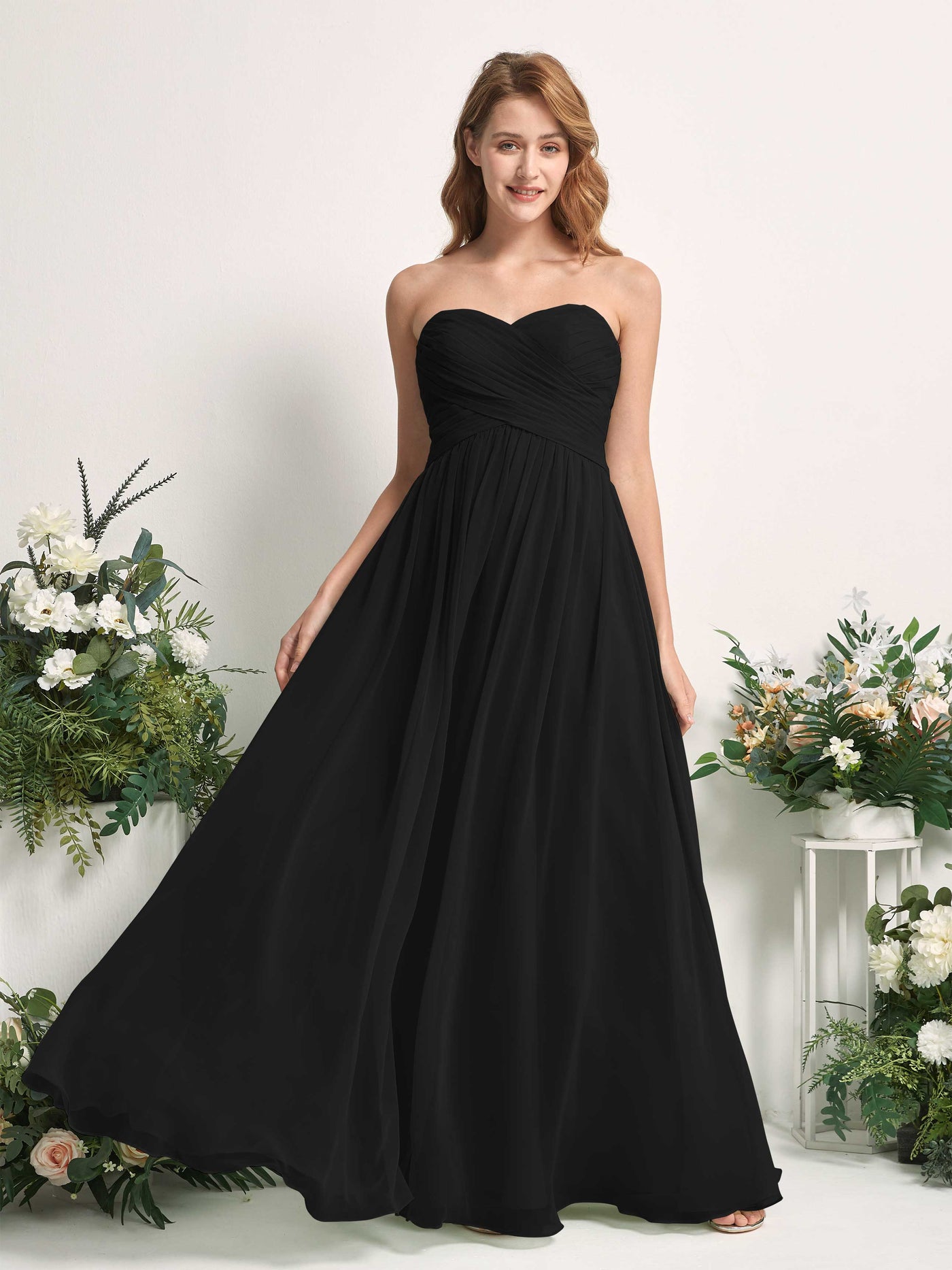 Bridesmaid Dress A-line Chiffon Sweetheart Full Length Sleeveless Wedding Party Dress - Black (81226915)#color_black