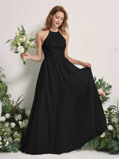 Carlyna Denise A-Line Black Embroidered Bridesmaid Dress Maxi Sleeveless Round Neck Dress Front View #color_black
