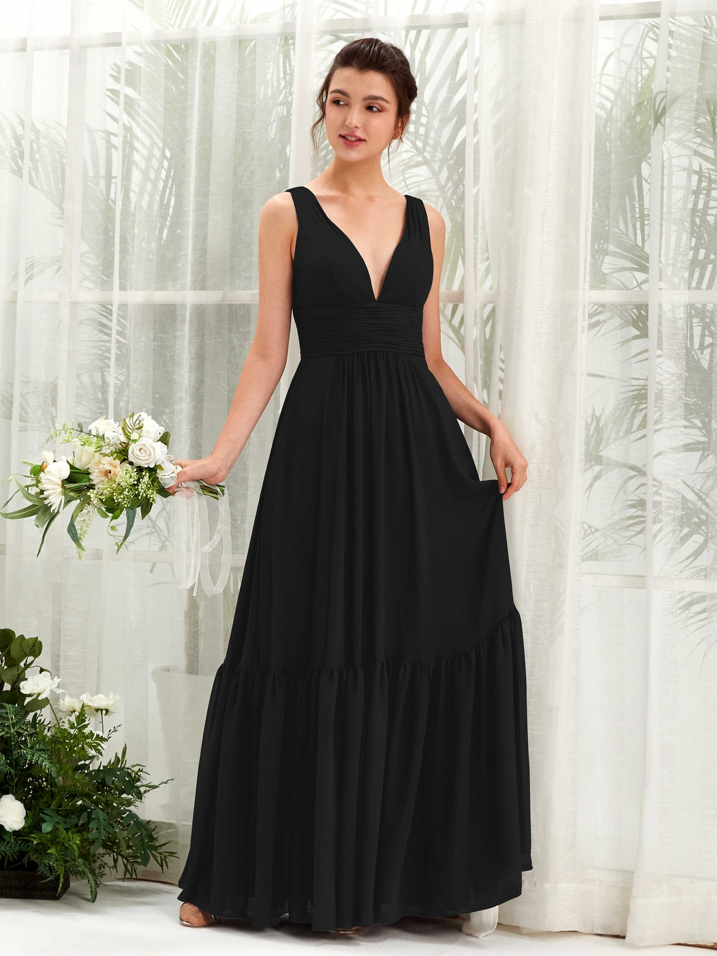 A-line Maternity Straps Sleeveless Chiffon Bridesmaid Dress - Black (80223715)#color_black