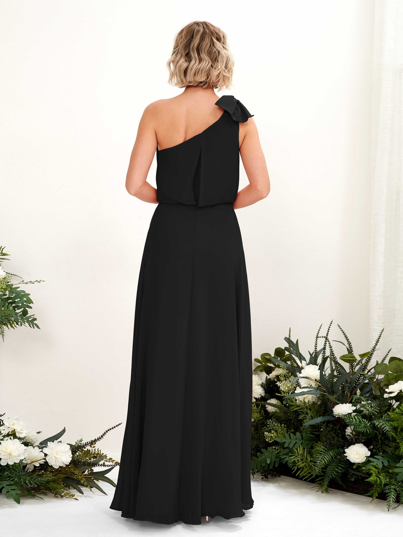 A-line One Shoulder Sleeveless Chiffon Bridesmaid Dress - Black (81225515)#color_black