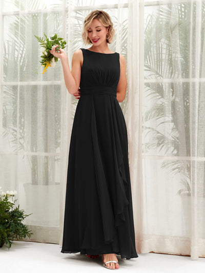 Carlyna Brianna A-Line Black Bridesmaid Dress Maxi Sleeveless Boat Neck Dress Front View #color_black