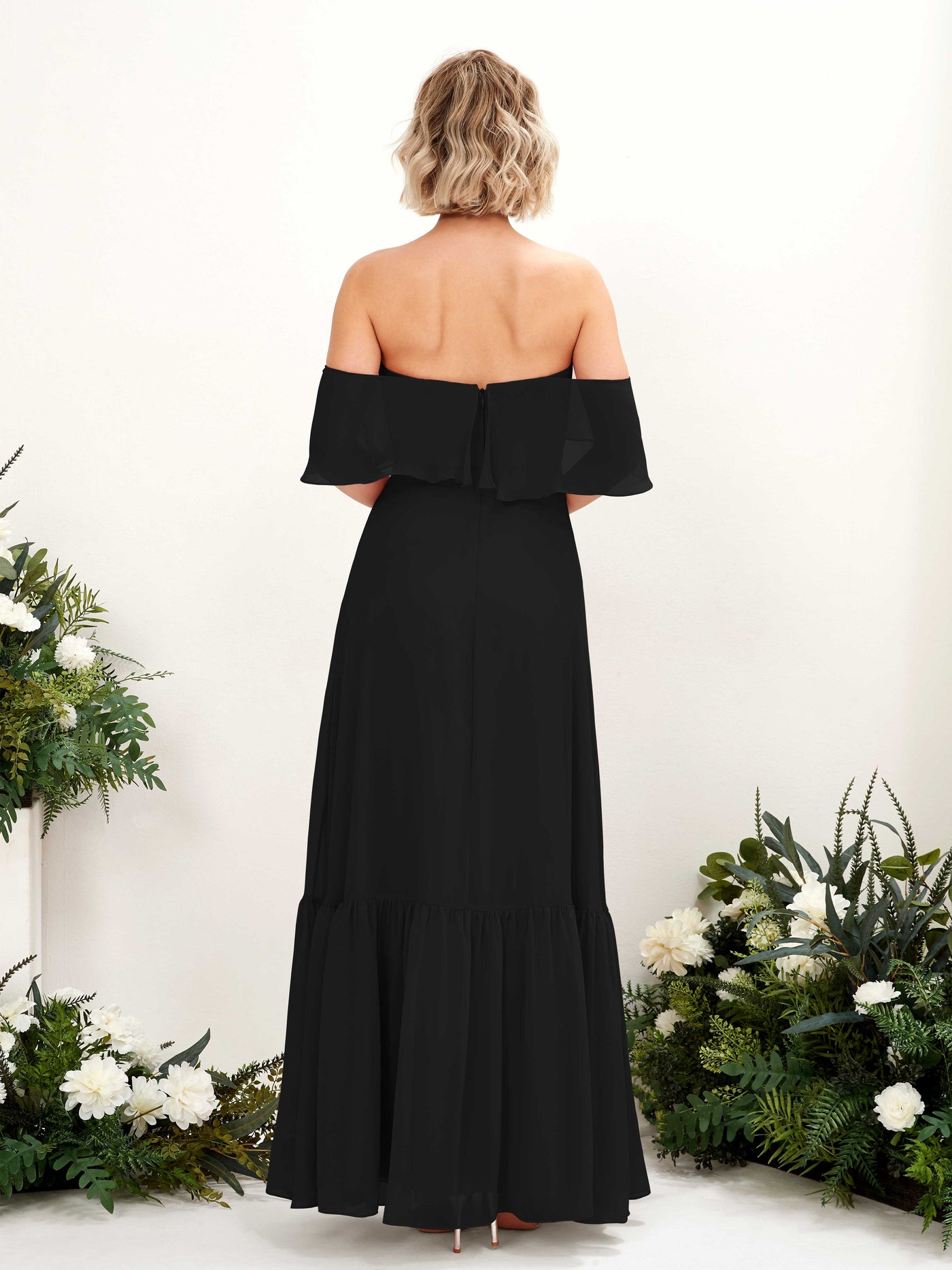 A-line Off Shoulder Chiffon Bridesmaid Dress - Black (81224515)#color_black