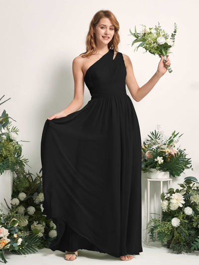Carlyna Evelyn A-Line Black Bridesmaid Dress Maxi Sleeveless One Shoulder Dress Front View #color_black