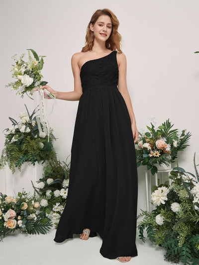 Carlyna Bonita A-Line Black Embroidered Bridesmaid Dress Maxi Sleeveless One Shoulder Dress Side View 2 #color_black