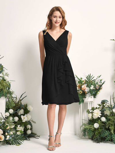 Carlyna Alisha A-Line Black Bridesmaid Dress Knee-Length Sleeveless V-Neck Dress Front View #color_black