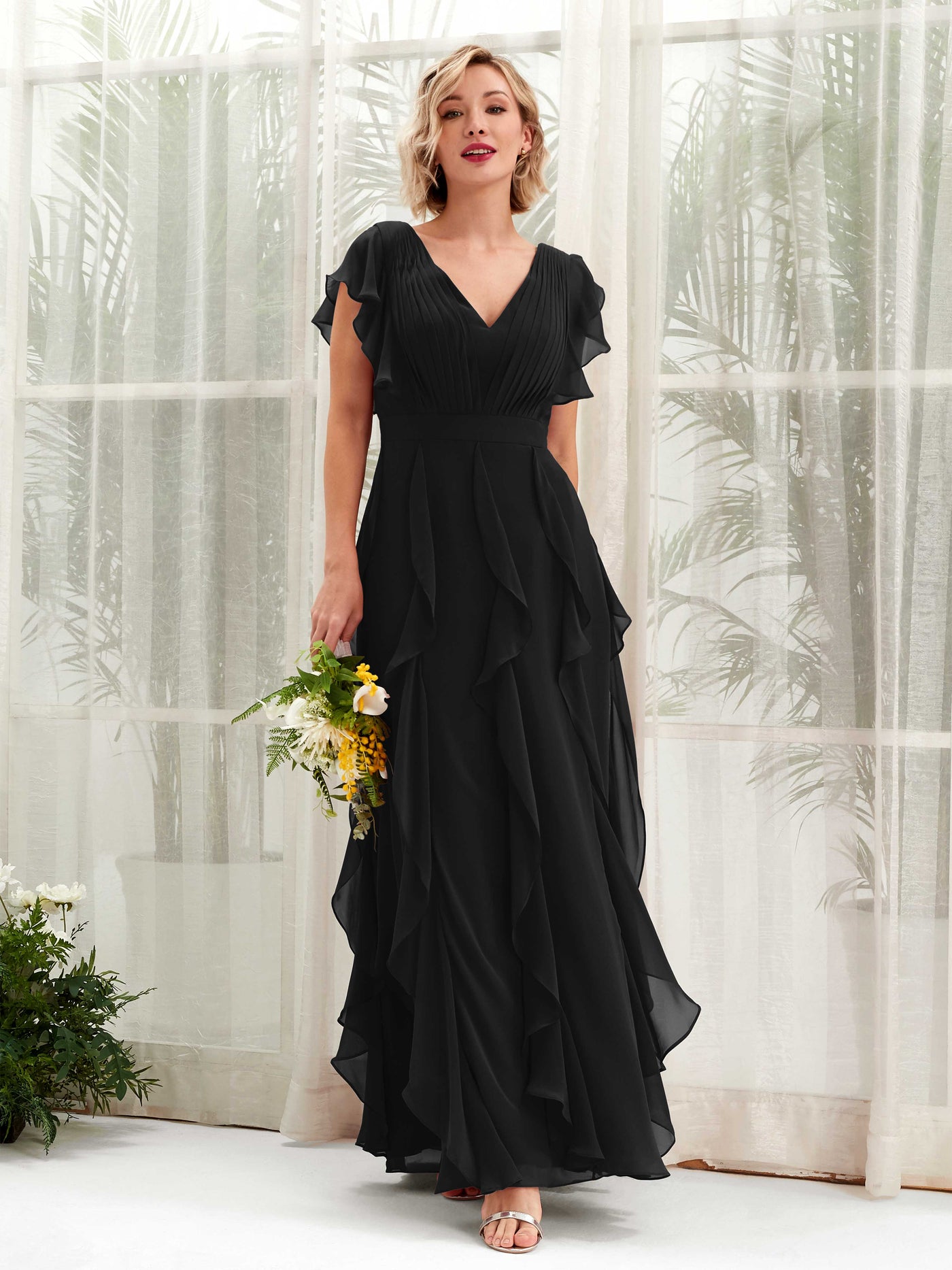 A-line V-neck Short Sleeves Chiffon Bridesmaid Dress - Black (81226015)#color_black