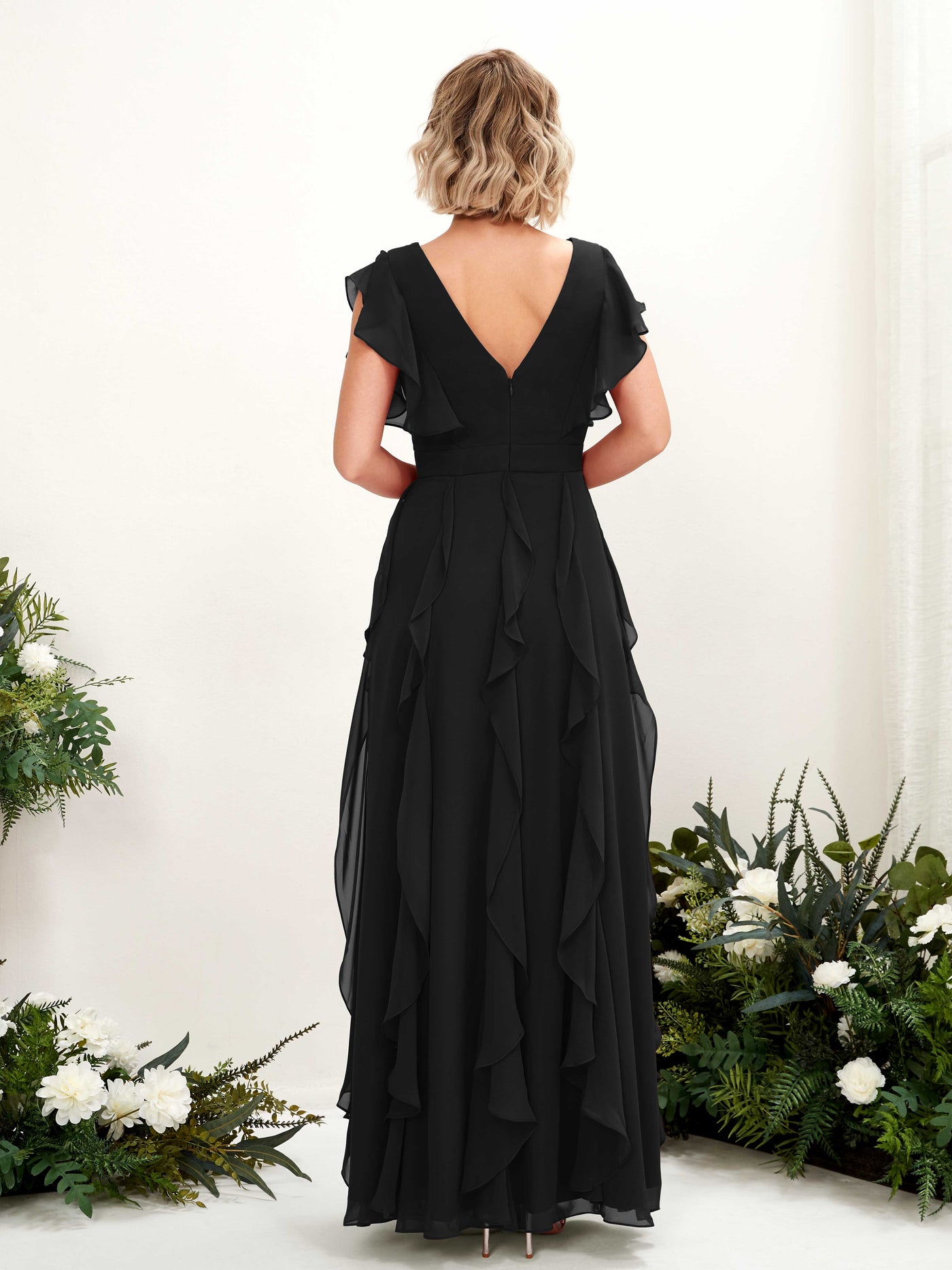 A-line V-neck Short Sleeves Chiffon Bridesmaid Dress - Black (81226015)#color_black