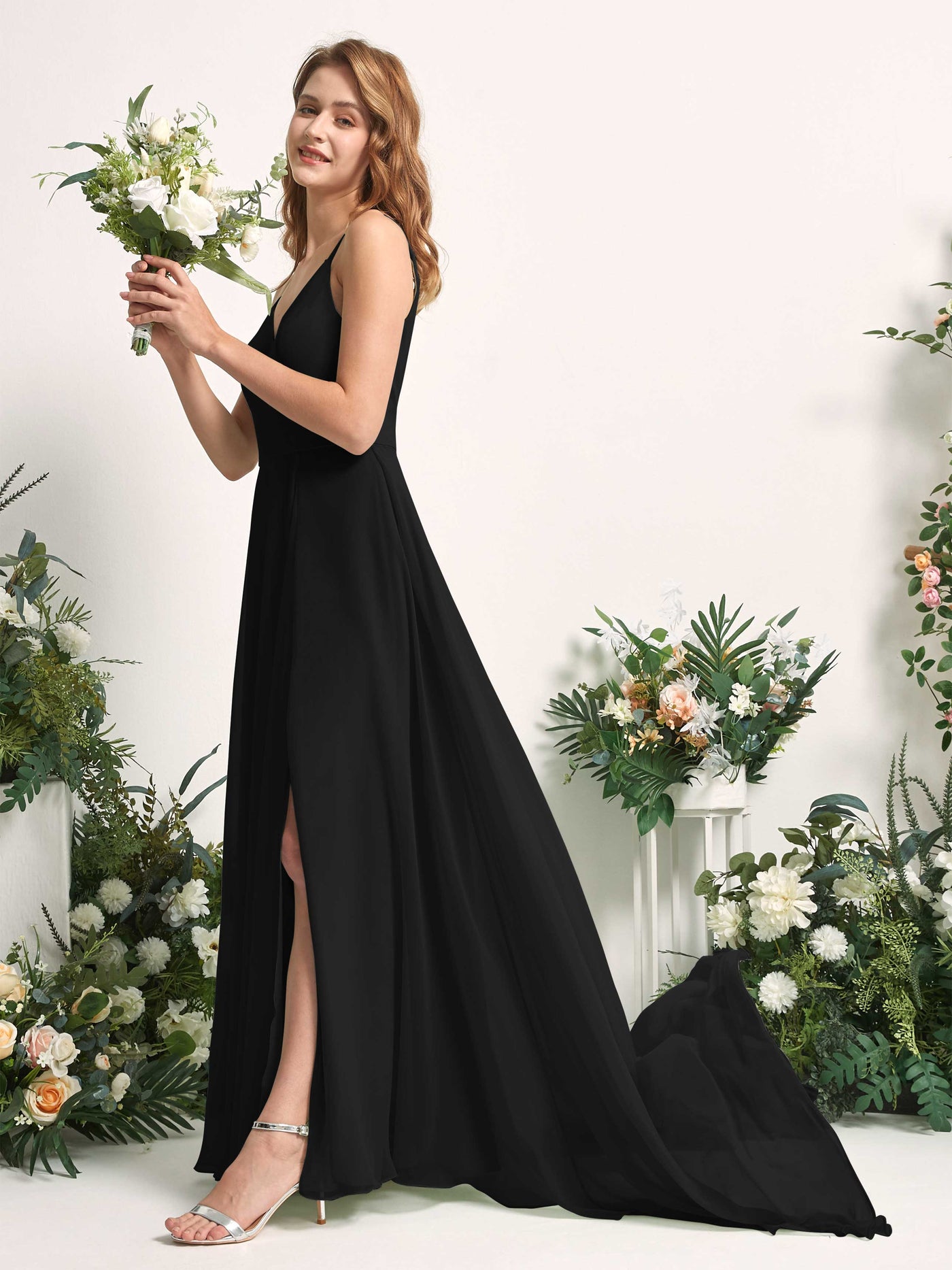 Bridesmaid Dress A-line Chiffon Spaghetti-straps Full Length Sleeveless Wedding Party Dress - Black (81227715)#color_black