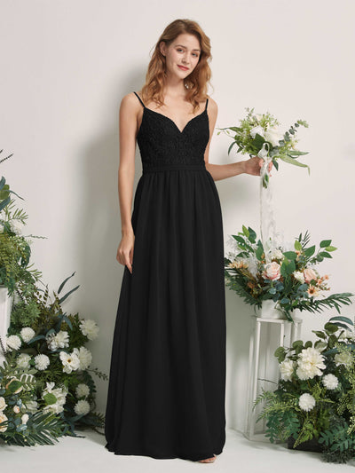Carlyna Alexandra A-Line Black Beaded Bridesmaid Dress Maxi Sleeveless V-Neck Dress Front View #color_black