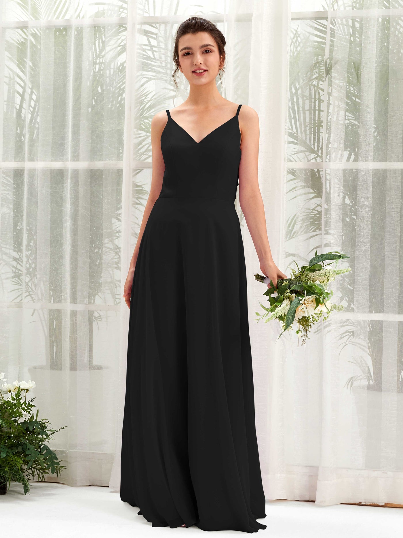 A-line Spaghetti-straps V-neck Sleeveless Chiffon Bridesmaid Dress - Black (81220615)#color_black