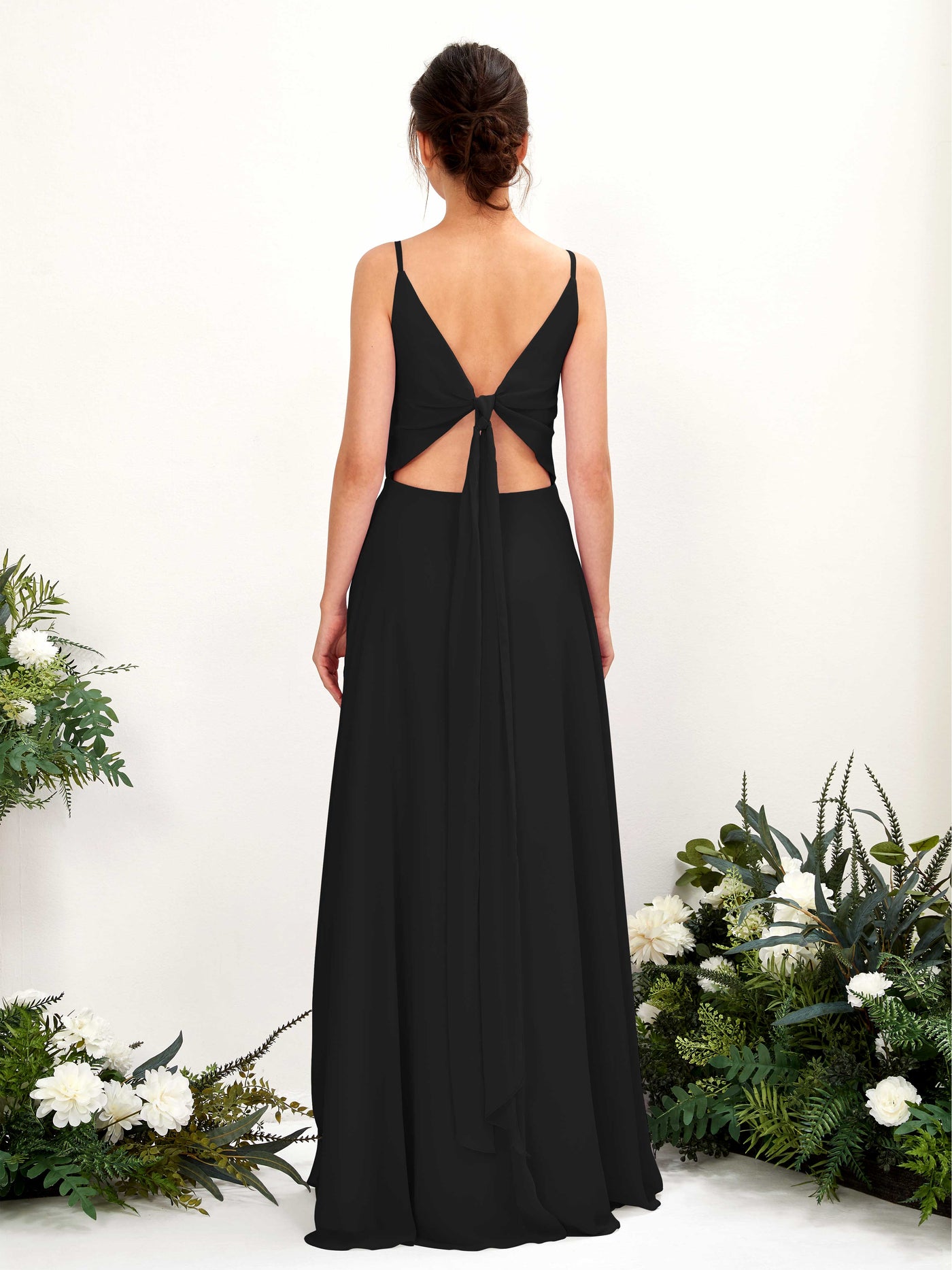 A-line Spaghetti-straps V-neck Sleeveless Chiffon Bridesmaid Dress - Black (81220615)#color_black