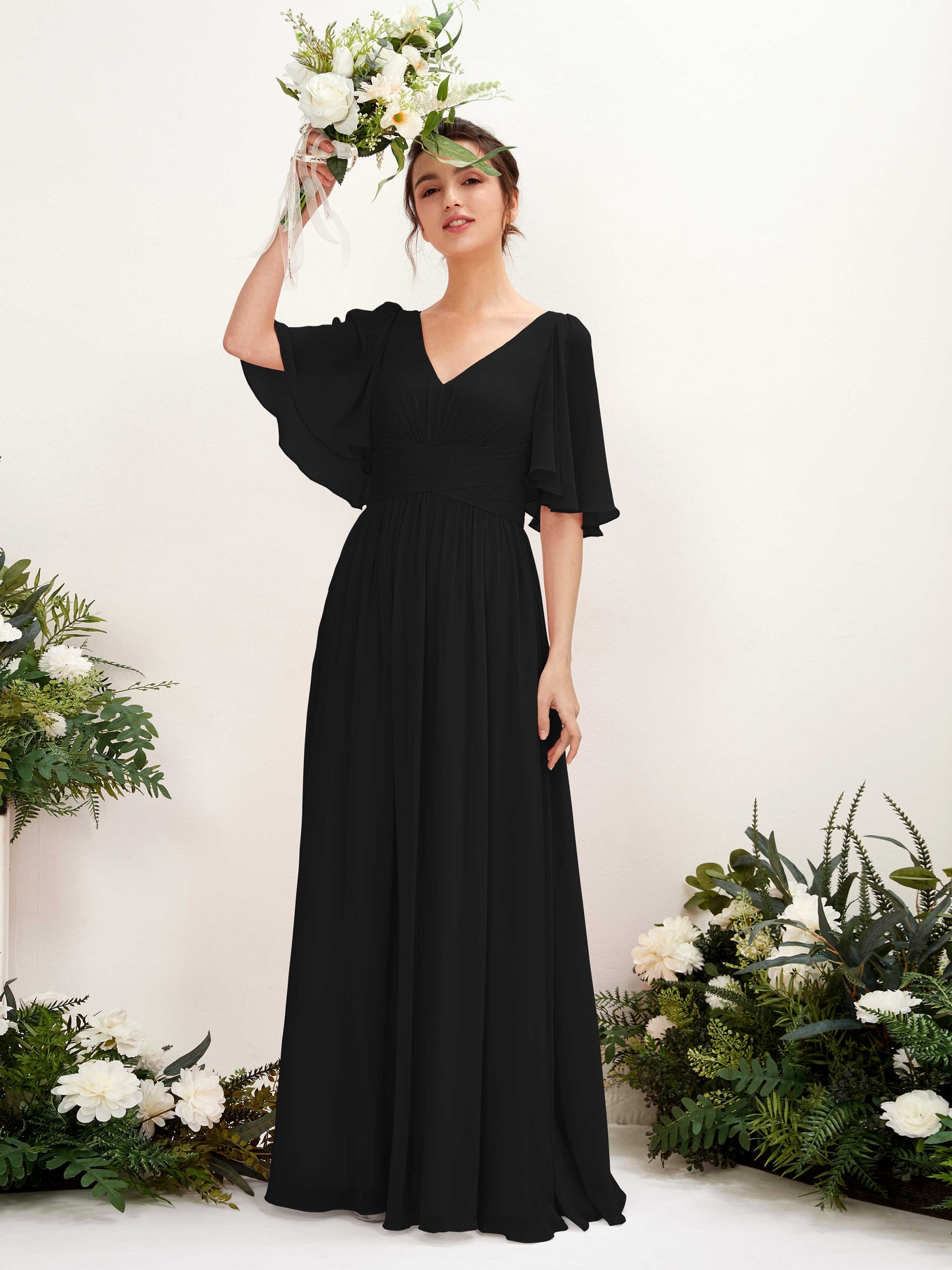 A-line V-neck 1/2 Sleeves Chiffon Bridesmaid Dress - Black (81221615)#color_black