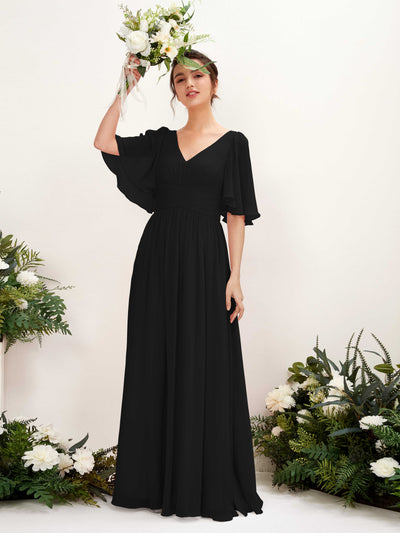 Carlyna Odette A-Line Black Bridesmaid Dress Maxi Short Sleeve V-Neck Dress #color_black