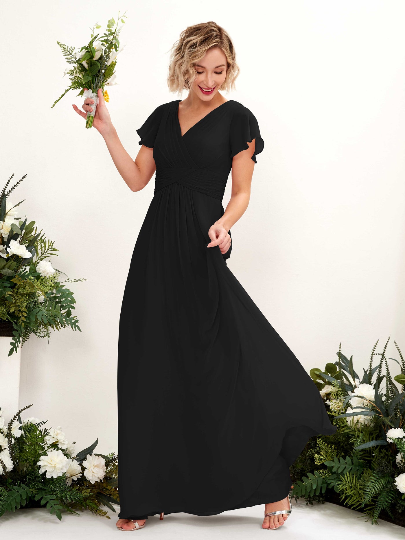 A-line V-neck Cap Sleeves Chiffon Bridesmaid Dress - Black (81224315)#color_black