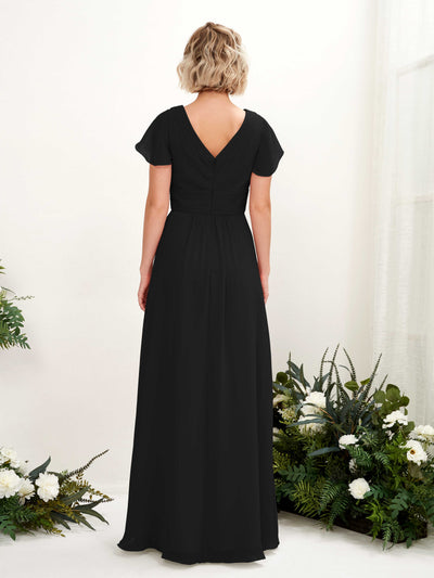 Carlyna Tolly A-Line Black Bridesmaid Dress Maxi Cap Sleeve V-Neck Dress #color_black