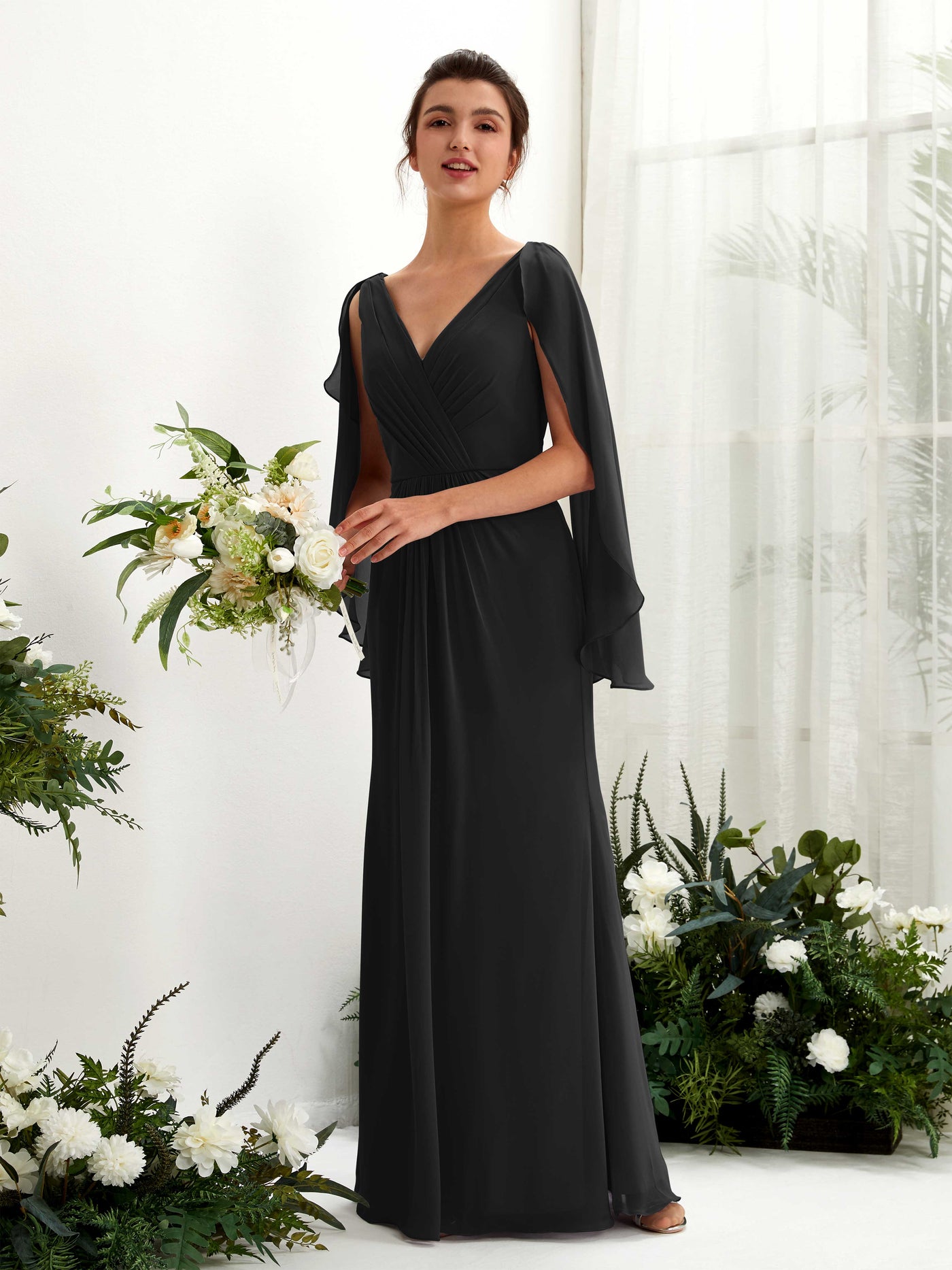 A-line V-neck Chiffon Bridesmaid Dress - Black (80220115)#color_black