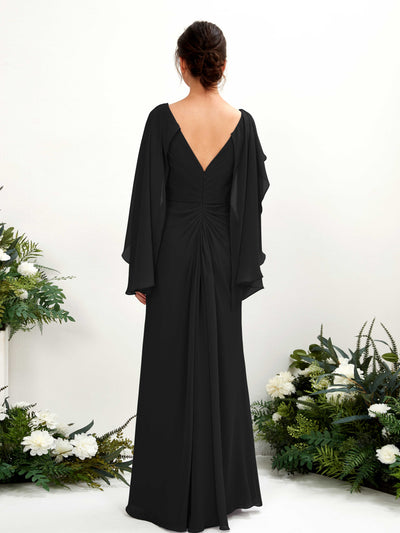 Carlyna Alain A-Line Black Bridesmaid Dress Maxi Cap Sleeve V-Neck Dress Back View #color_black