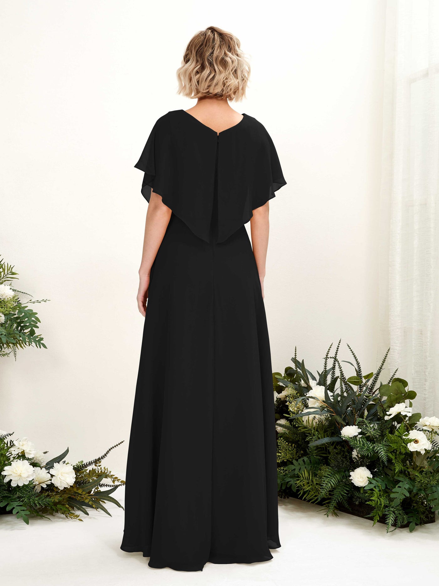 A-line V-neck Short Sleeves Chiffon Bridesmaid Dress - Black (81222115)#color_black