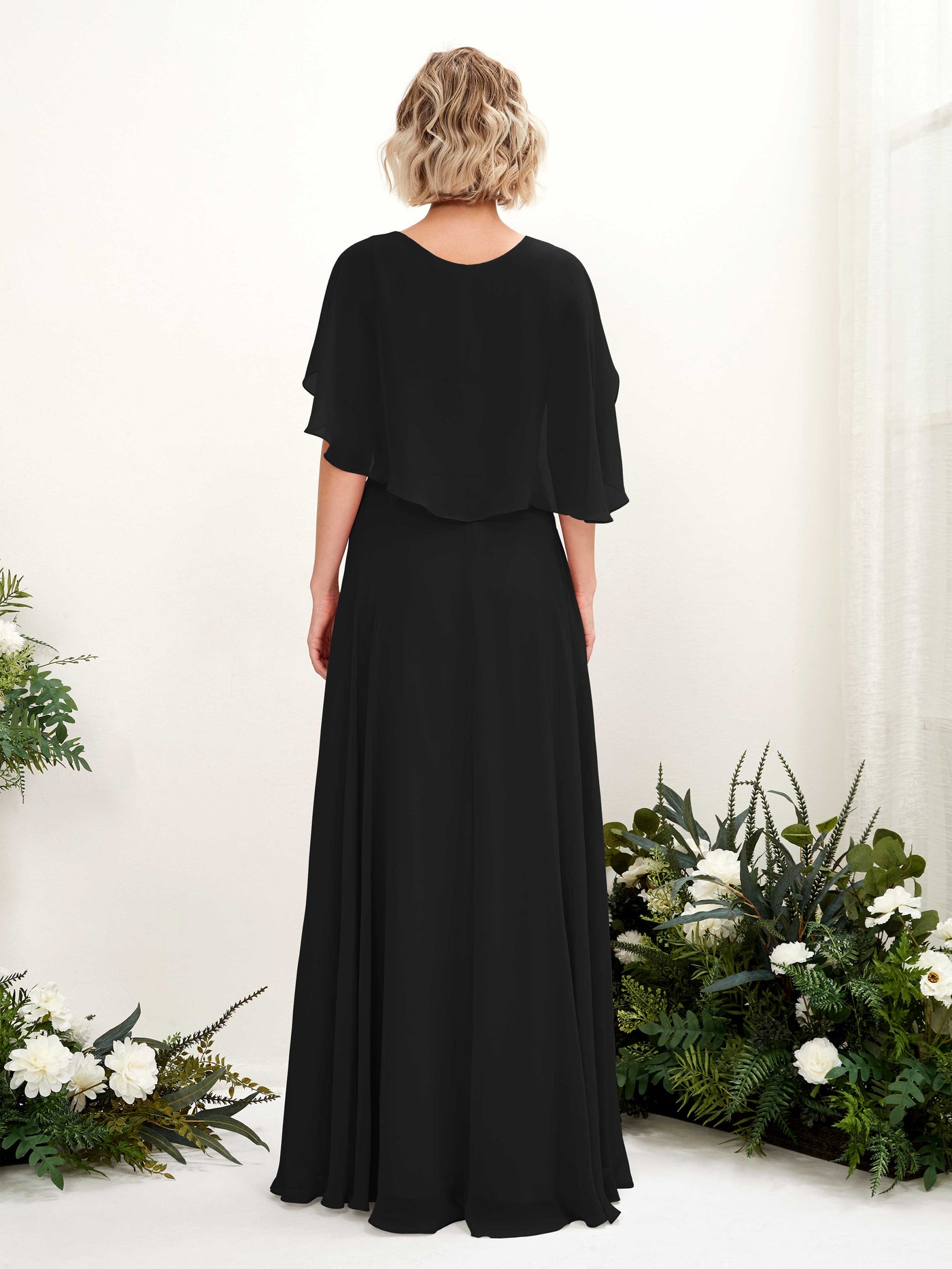 A-line V-neck Short Sleeves Chiffon Bridesmaid Dress - Black (81224415)#color_black