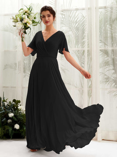 Carlyna Daphne A-Line Black Bridesmaid Dress Maxi Short Sleeve V-Neck Dress Front View #color_black
