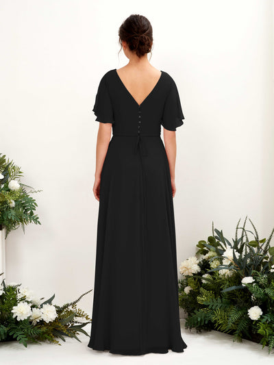 Carlyna Daphne A-Line Black Bridesmaid Dress Maxi Short Sleeve V-Neck Dress Back View #color_black