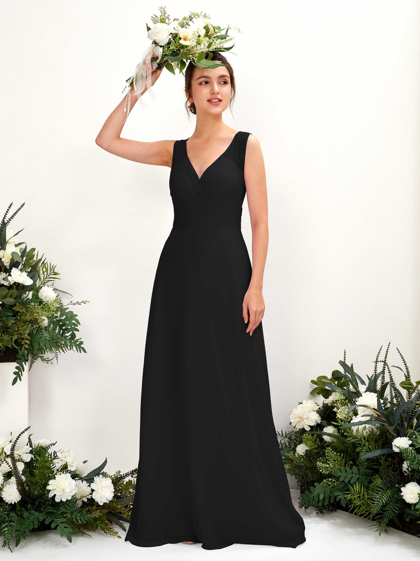 A-line V-neck Sleeveless Chiffon Bridesmaid Dress - Black (81220915)#color_black