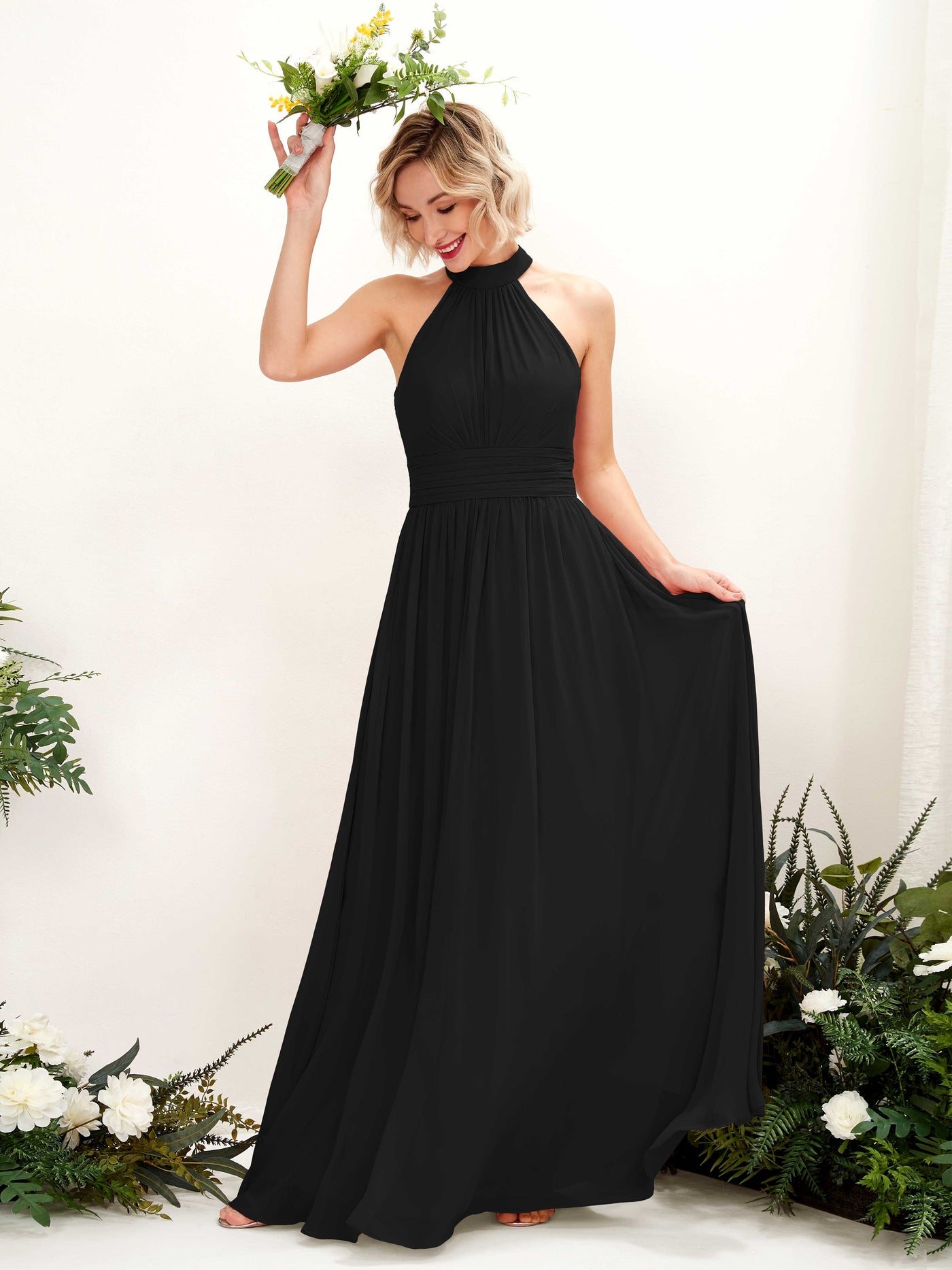 Ball Gown Halter Sleeveless Chiffon Bridesmaid Dress - Black (81225315)#color_black