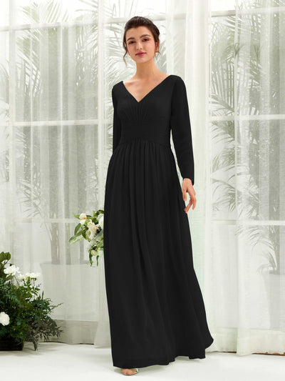 Carlyna Coline A-Line Black Bridesmaid Dress Maxi Long Sleeve V-Neck Front View #color_black