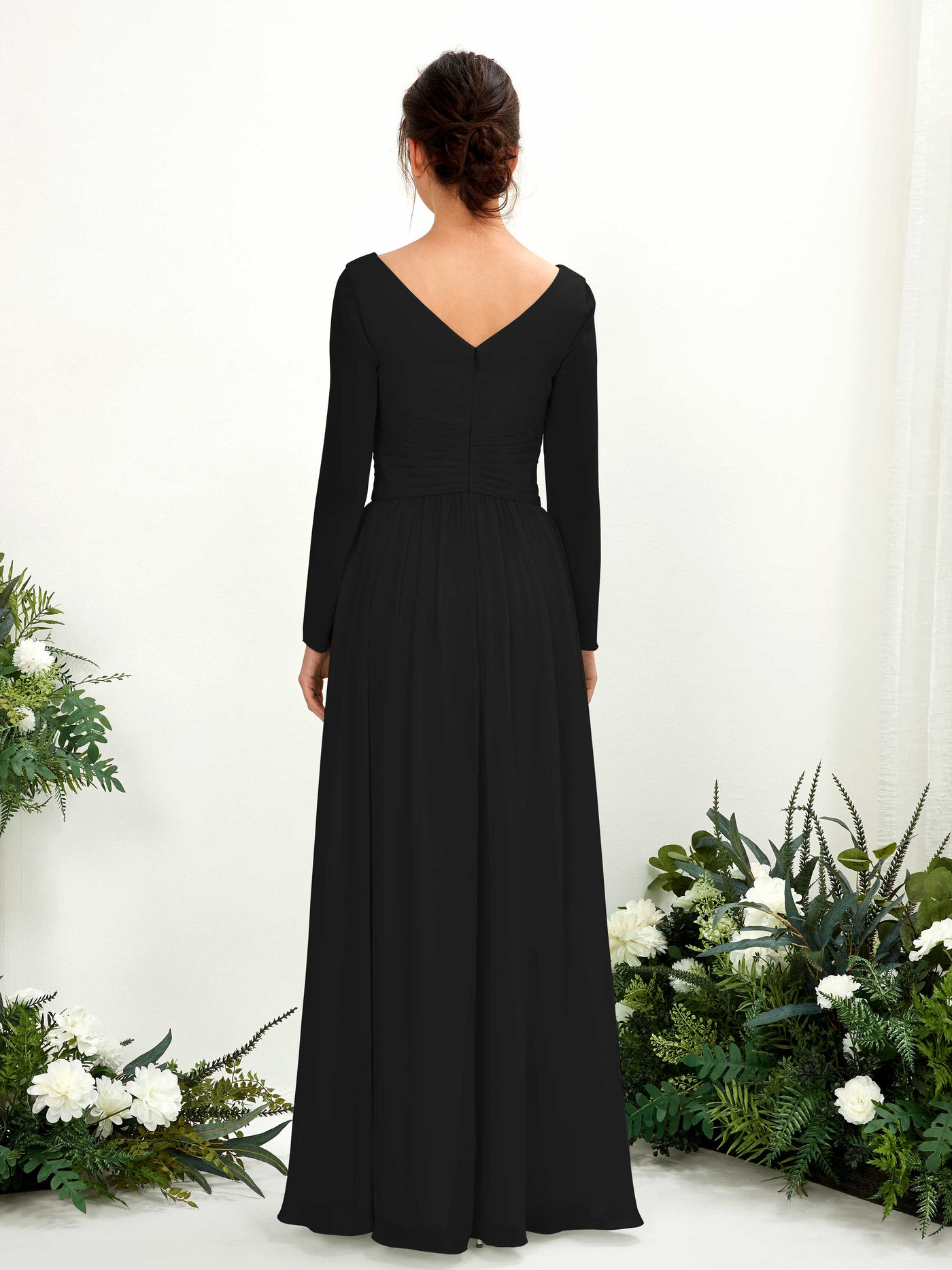 Ball Gown V-neck Long Sleeves Chiffon Bridesmaid Dress - Black (81220315)#color_black