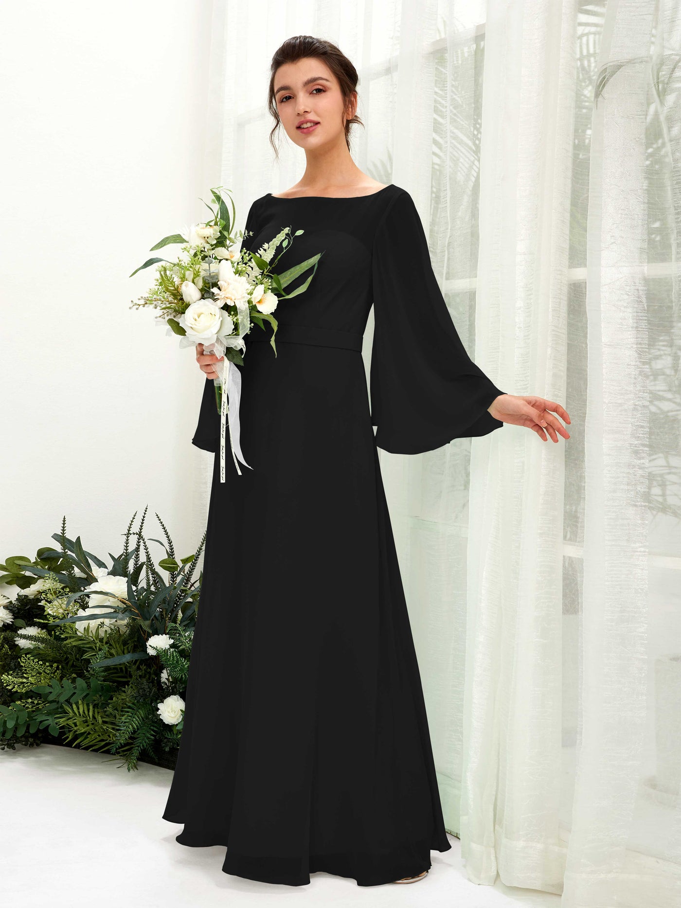 Bateau Illusion Long Sleeves Chiffon Bridesmaid Dress - Black (81220515)#color_black