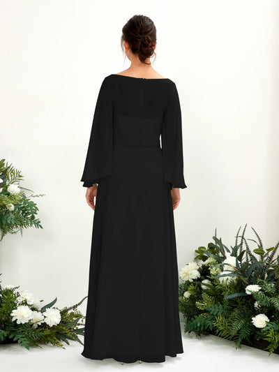 Carlyna Elie A-Line Black Bridesmaid Dress Maxi Long Sleeve Boat Neck Back View #color_black