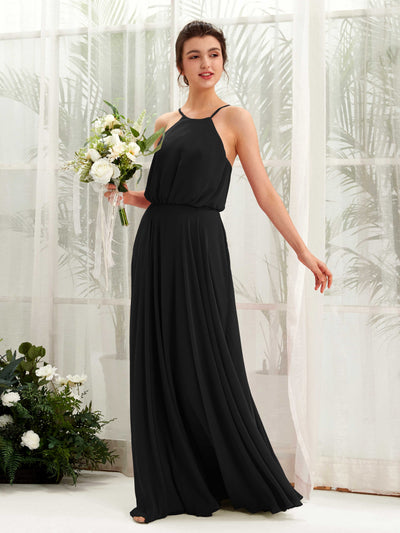 Carlyna Alva A-Line Black Bridesmaid Dress Maxi Sleeveless Halter Dress Front View #color_black