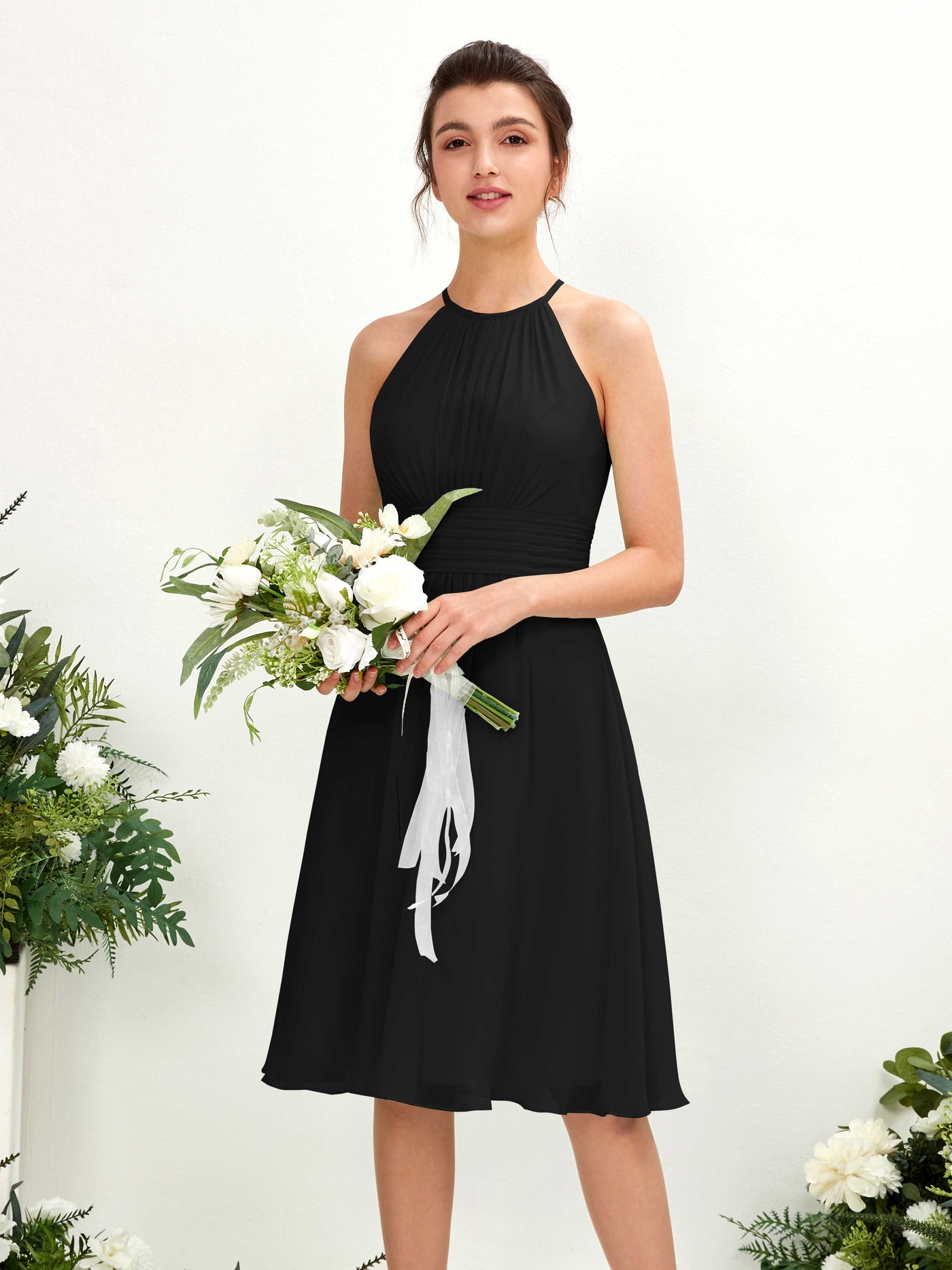 Halter Sleeveless Chiffon Bridesmaid Dress - Black (81220115)#color_black