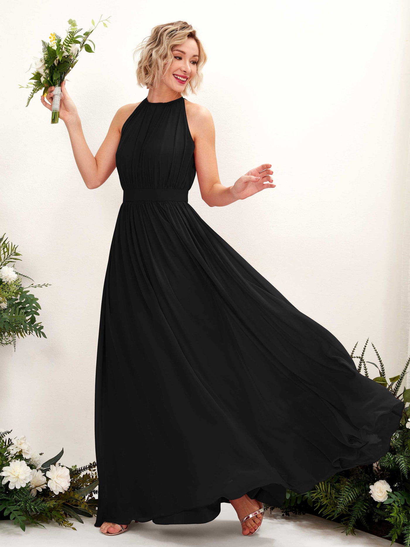 Halter Sleeveless Chiffon Bridesmaid Dress - Black (81223115)#color_black