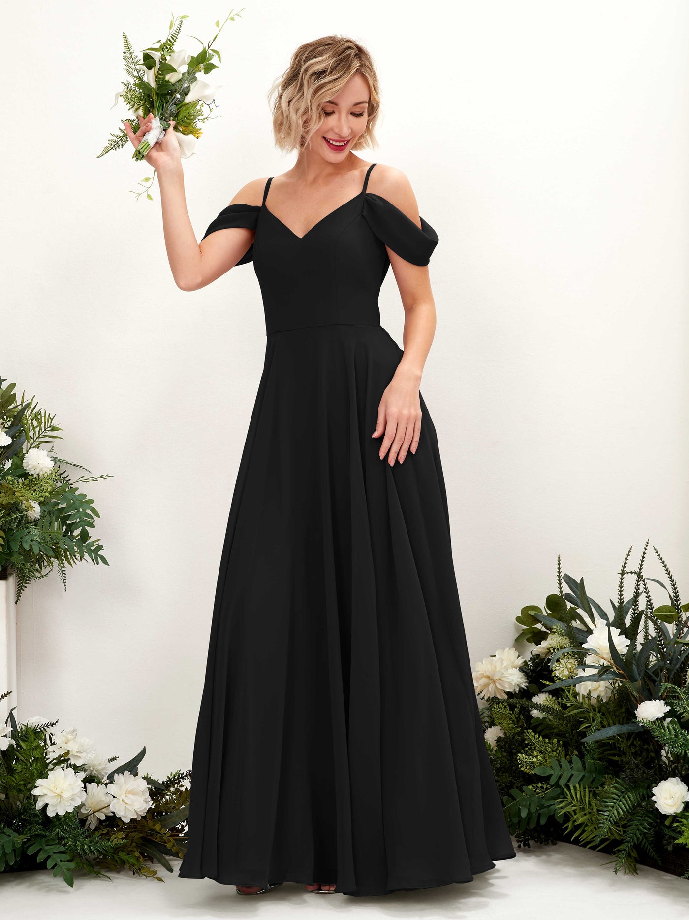 Off Shoulder Straps V-neck Sleeveless Chiffon Bridesmaid Dress - Black (81224915)#color_black