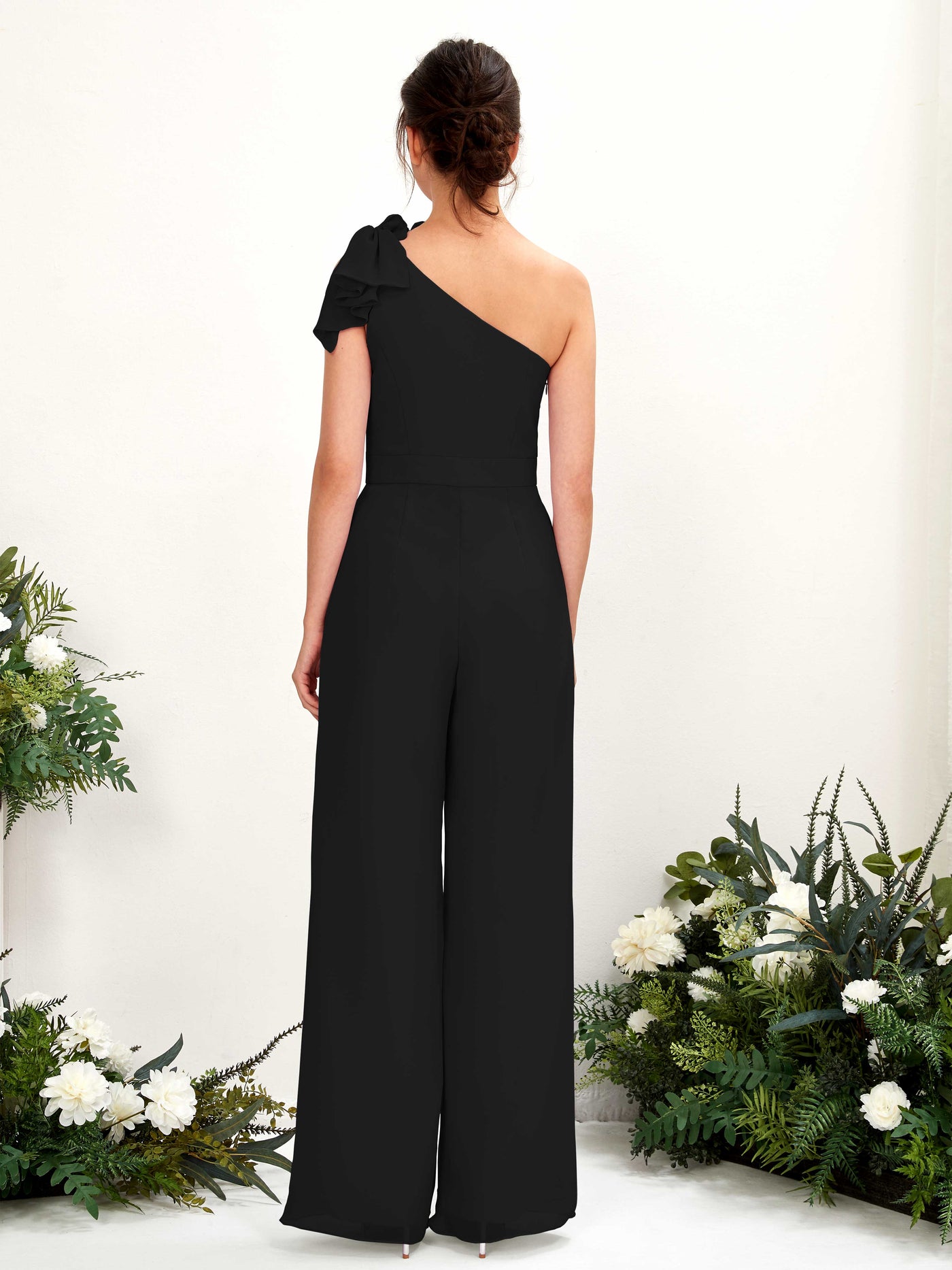 One Shoulder Sleeveless Chiffon Bridesmaid Wide-Leg Jumpsuit - Black (81220815)#color_black