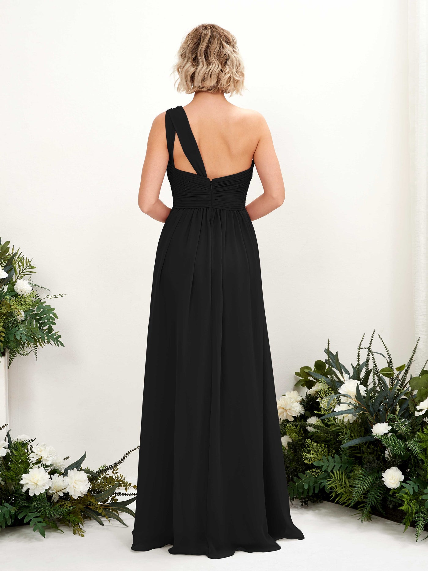 One Shoulder Sleeveless Chiffon Bridesmaid Dress - Black (81225015)#color_black