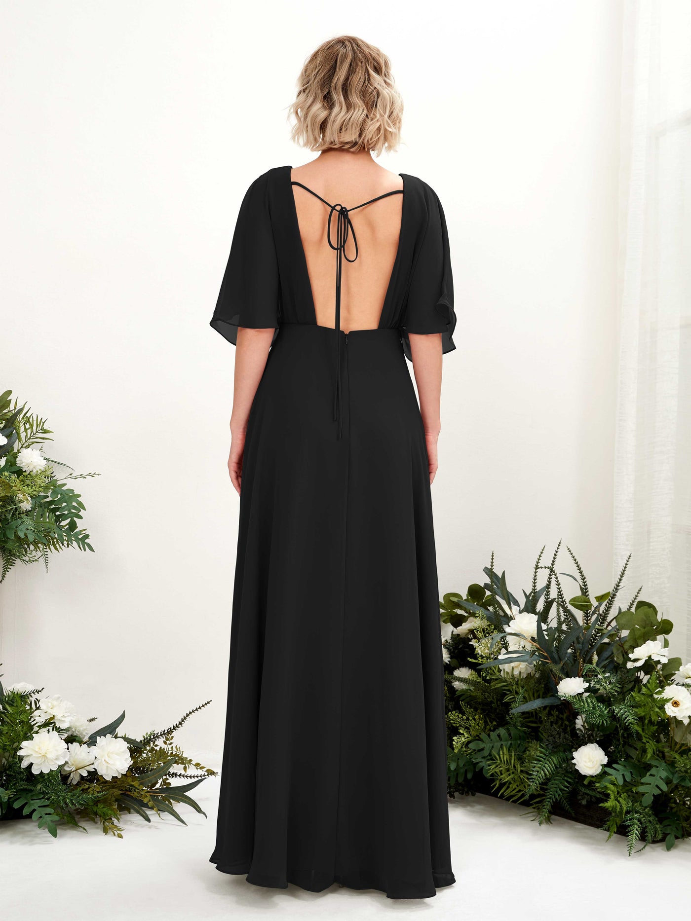 V-neck 1/2 Sleeves Chiffon Bridesmaid Dress - Black (81225115)#color_black