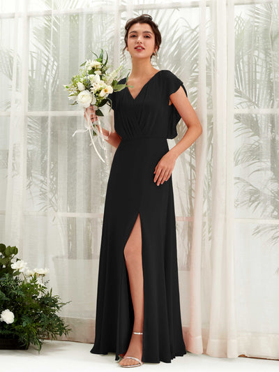 Carlyna Annie A-Line Black Bridesmaid Dress Maxi Cap Sleeve V-Neck Dress Front View #color_black