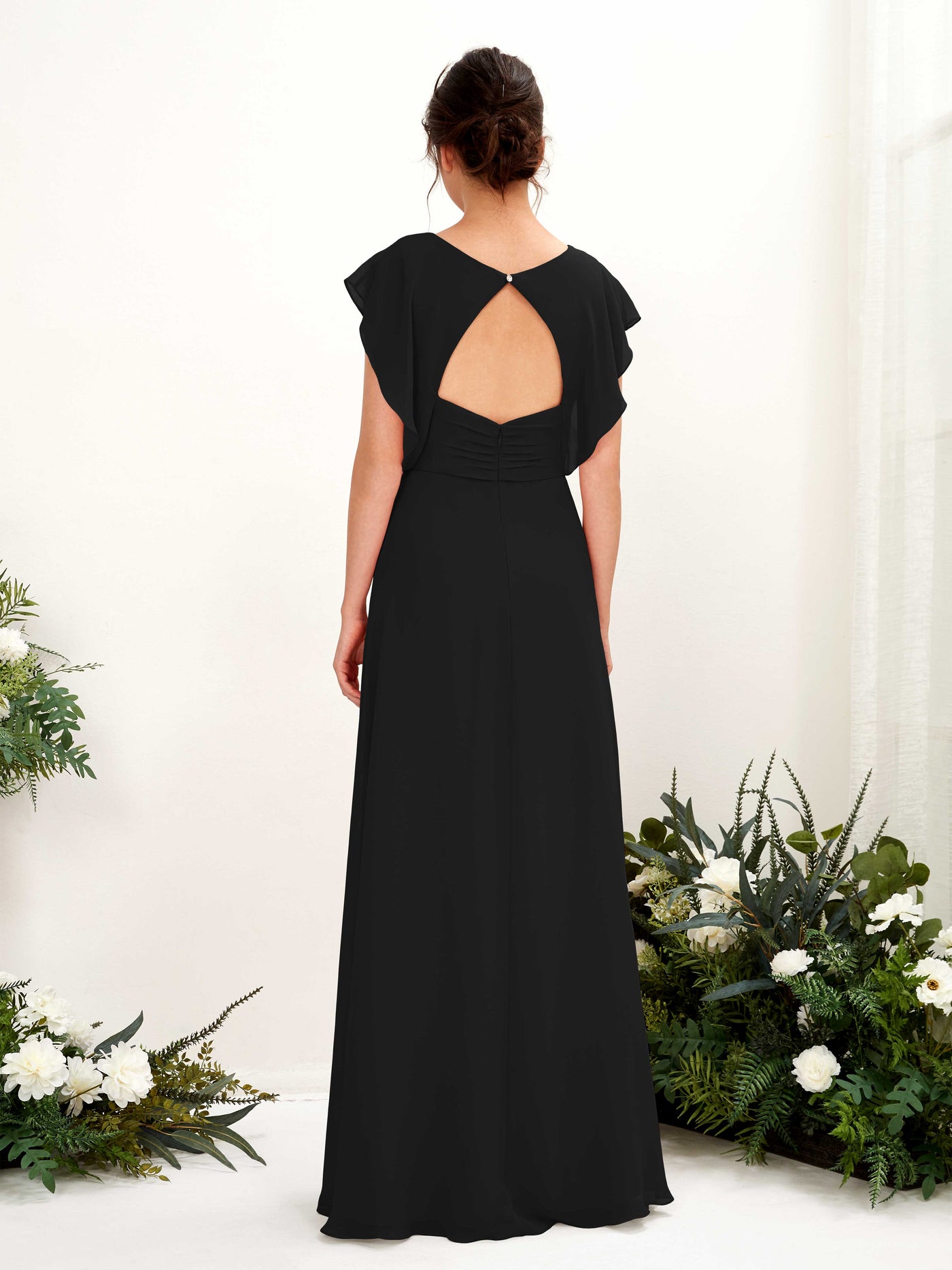 V-neck Cap Sleeves Bridesmaid Dress - Black (81225615)#color_black