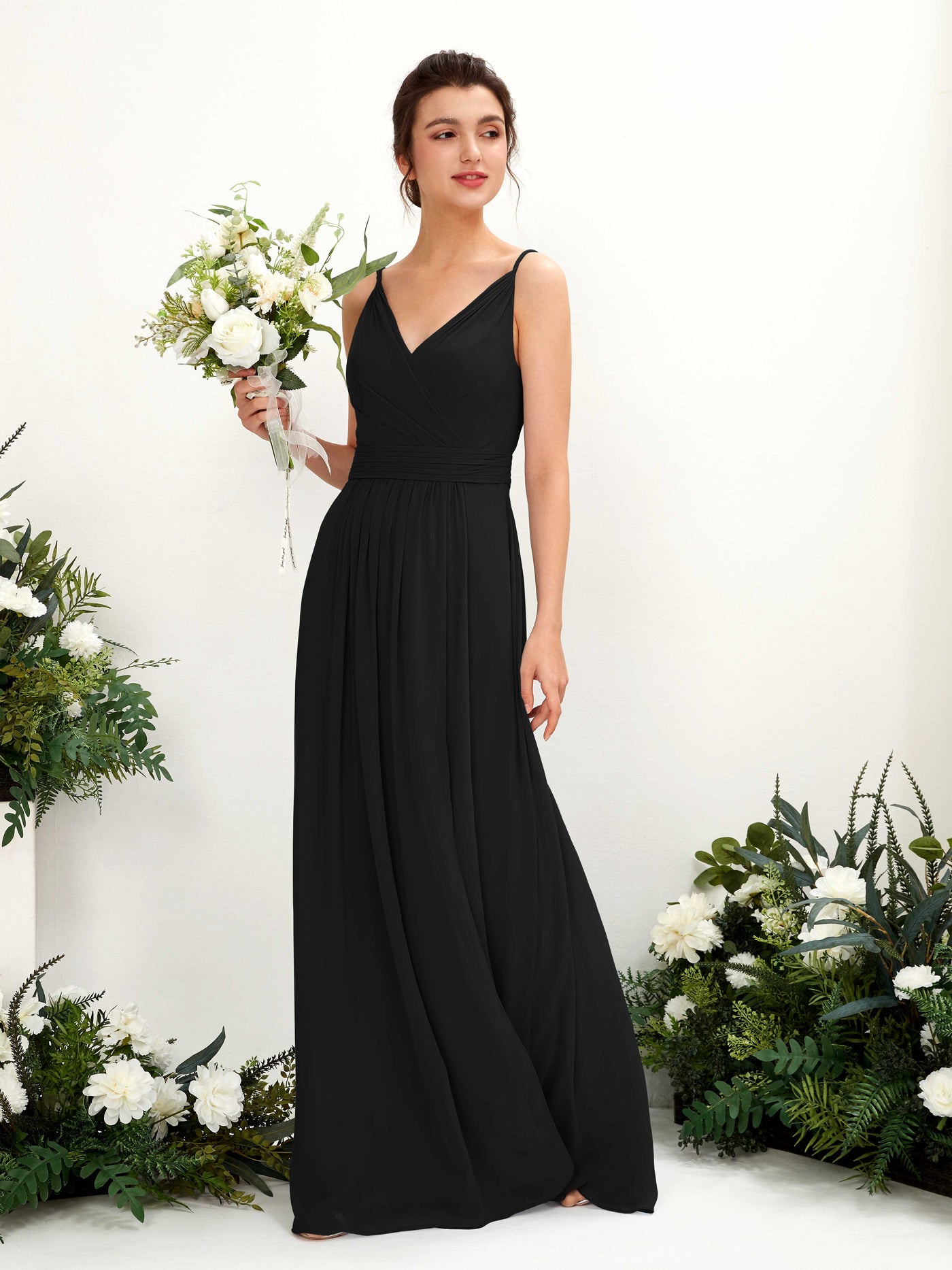 Spaghetti-straps V-neck Sleeveless Bridesmaid Dress - Black (81223915)#color_black